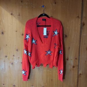Blank Paige Red Orange Cotton Star Patterned Distressed Knit Cropped Sweater